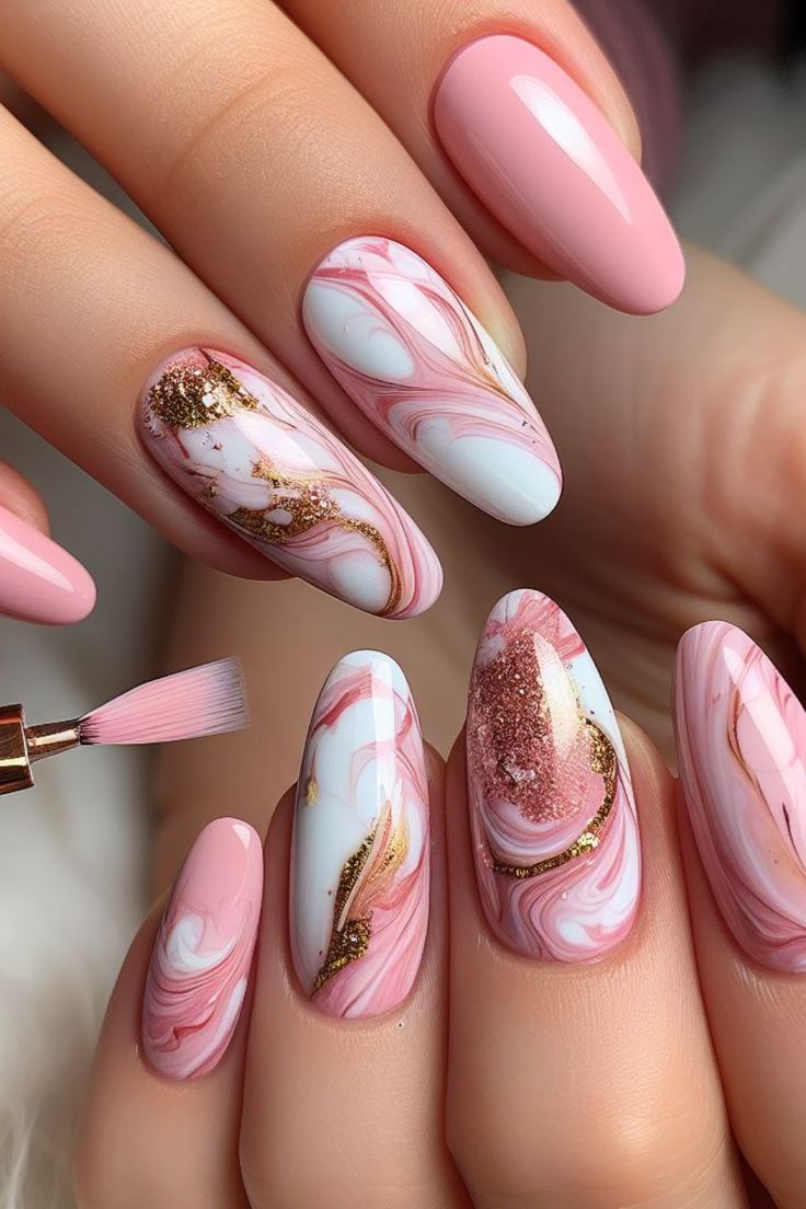 Pink Marble Nail Designs - Pink Marble Swirl with Gold Dust